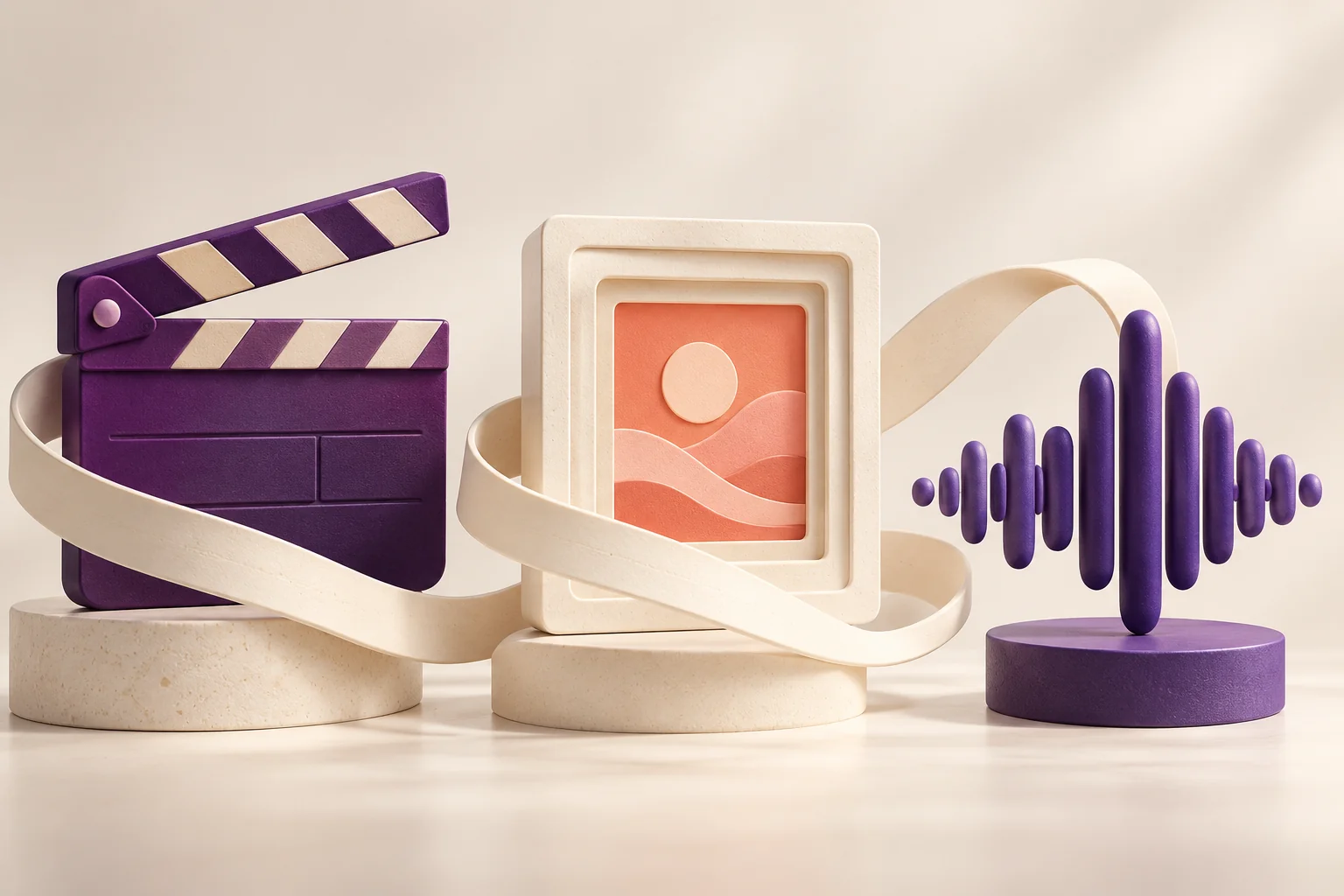 A purple editing slate, layered image frame and audio waveform linked to represent a production workflow