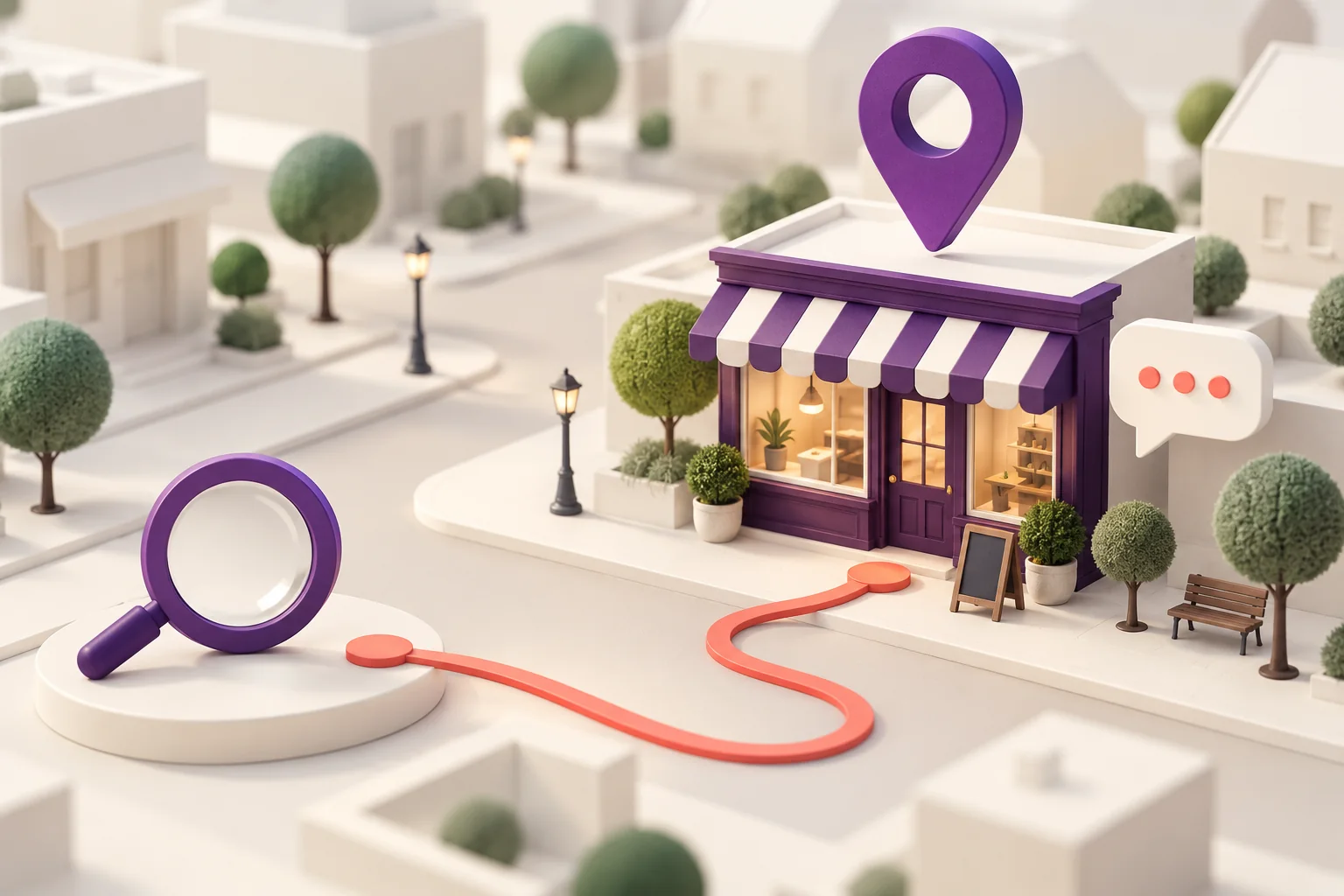 واجهة متجر ودبوس موقع ومسار توضيحي يربط البحث المحلي بالتواصل مع النشاط