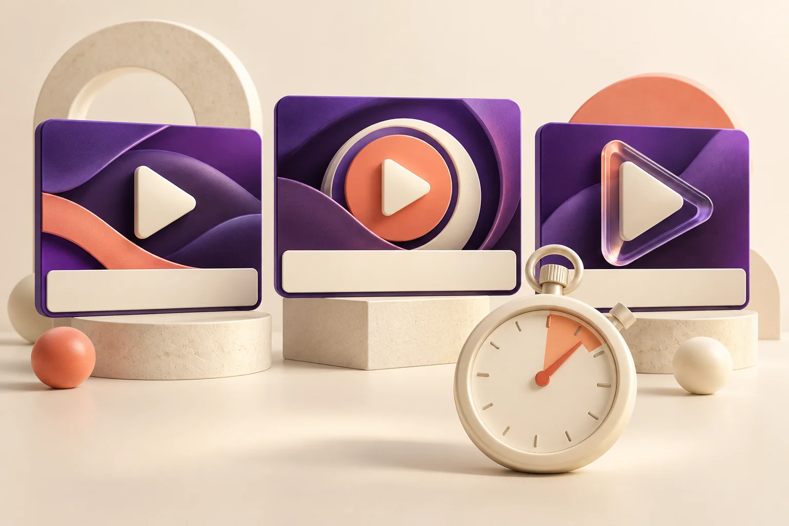 Three purple video cards with different designs beside a stopwatch representing watch-time comparison